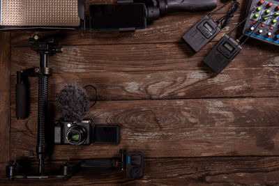 High angle view of camera on table