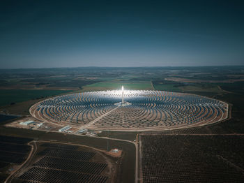 High angle view of solar power plant against sky