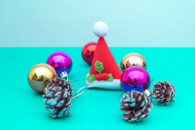 Close-up of christmas decorations on table
