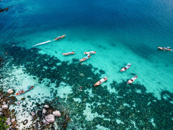 High angle view of boats in sea