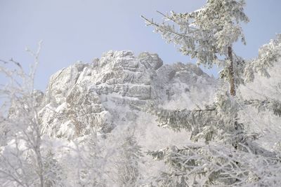 Low angle view of snowcapped mountain against sky