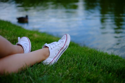 Low section of person legs on field by lake