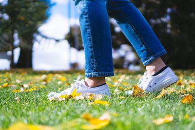 Low section of person wearing shoes on field