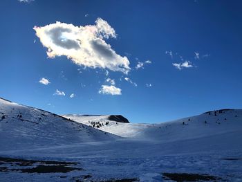 Scenic view of snowcapped mountain against blue sky