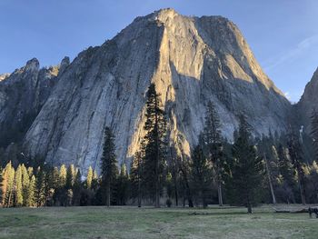 Panoramic view of trees and mountains against sky