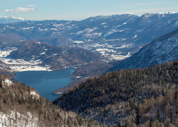 Aerial view of snowcapped mountains against sky