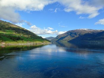 Scenic view of lake and mountains against sky