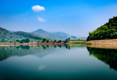 Scenic view of lake against blue sky