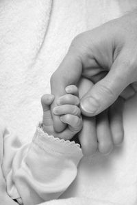 Close-up of baby holding person finger