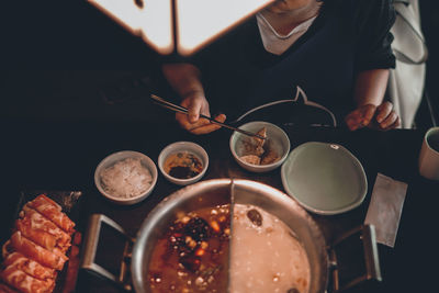 High angle view of food served on table