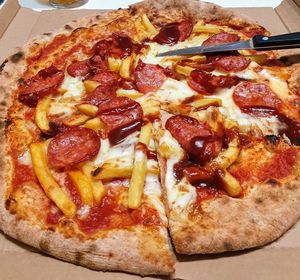 Close-up of pizza on table