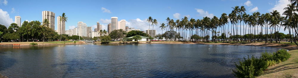 Panoramic view of river and city against sky