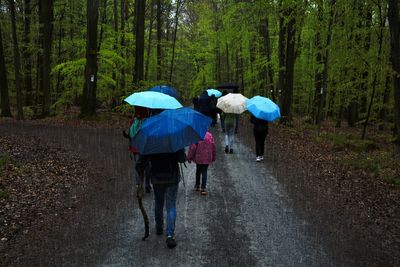 Rear view of people walking on wet road in forest