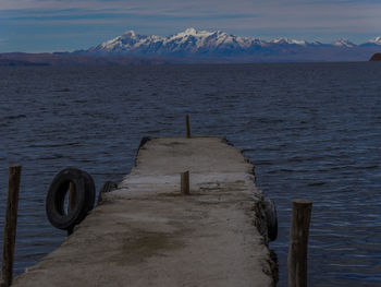 Scenic view of lake against sky during winter