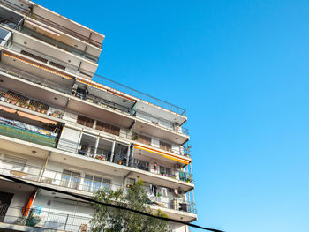 Low angle view of modern building against clear blue sky