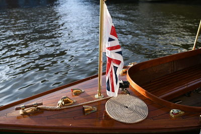 High angle view of boats moored at lake