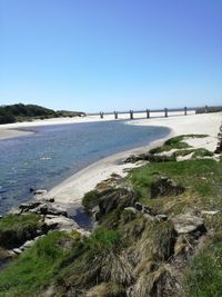 Scenic view of sea against clear blue sky
