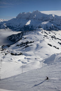 Aerial view of snowcapped mountains against sky