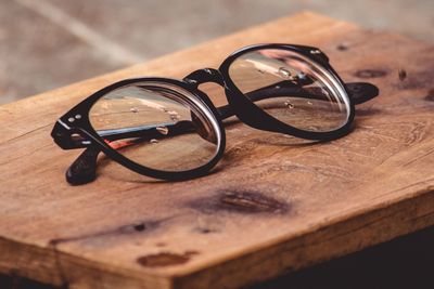 Close-up of eyeglasses on table