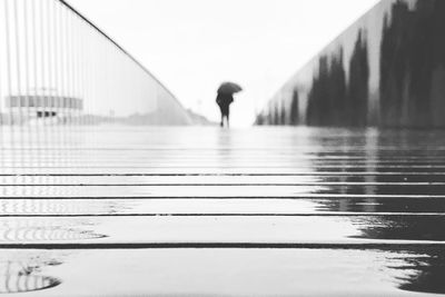 Rear view of person walking on wet road