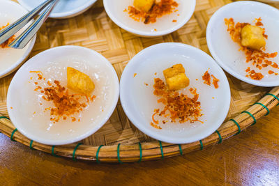 High angle view of food in plate on table