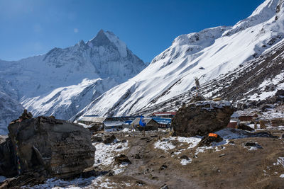 Scenic view of snowcapped mountains against clear sky