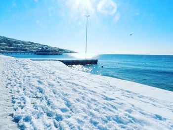 Scenic view of sea against clear sky during winter