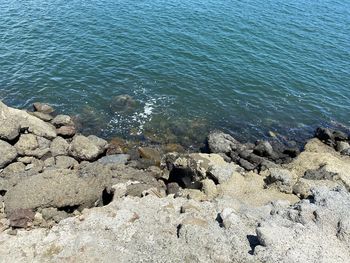 High angle view of rocks on beach