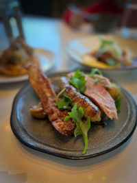 High angle view of food in plate on table