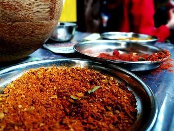 Close-up of meat in bowl on table