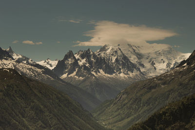 Scenic view of snowcapped mountains against sky during sunset