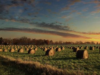 Hay bales on field against sky during sunset