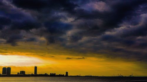 City skyline at sunset