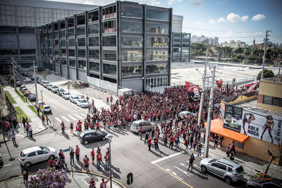 High angle view of crowd on city street