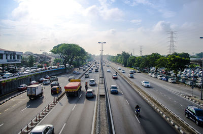 High angle view vehicles on multiple lane highway