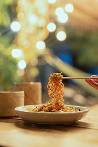 Close-up of food served on table
