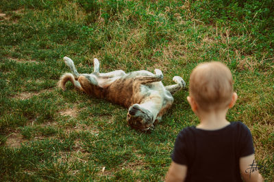 Rear view of man on field