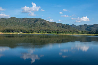 Scenic view of lake and mountains against sky