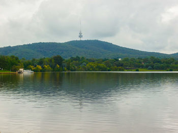 Scenic view of lake and mountains against sky