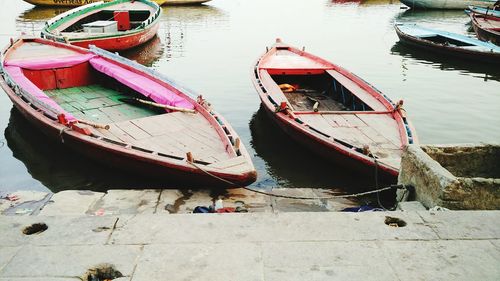 High angle view of boats moored in sea