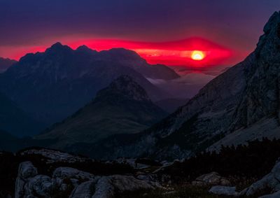 Scenic view of mountains against sky during sunset