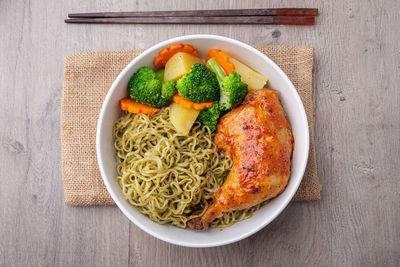 High angle view of salad in bowl on table