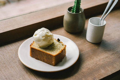 Close-up of dessert served on table