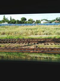 Railroad tracks by trees against sky