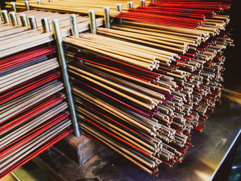 High angle view of incense stored in factory