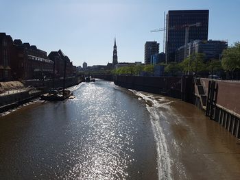 Bridge over river against buildings in city