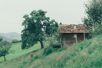 Log cabin by grass and trees against sky