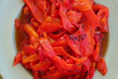 High angle view of chopped tomatoes in plate