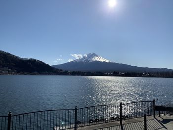 Scenic view of lake by mountains against clear sky