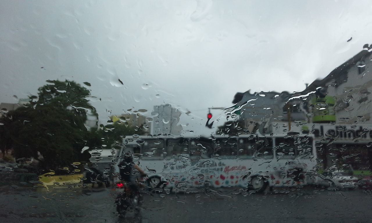 CARS ON STREET SEEN THROUGH WET WINDOW